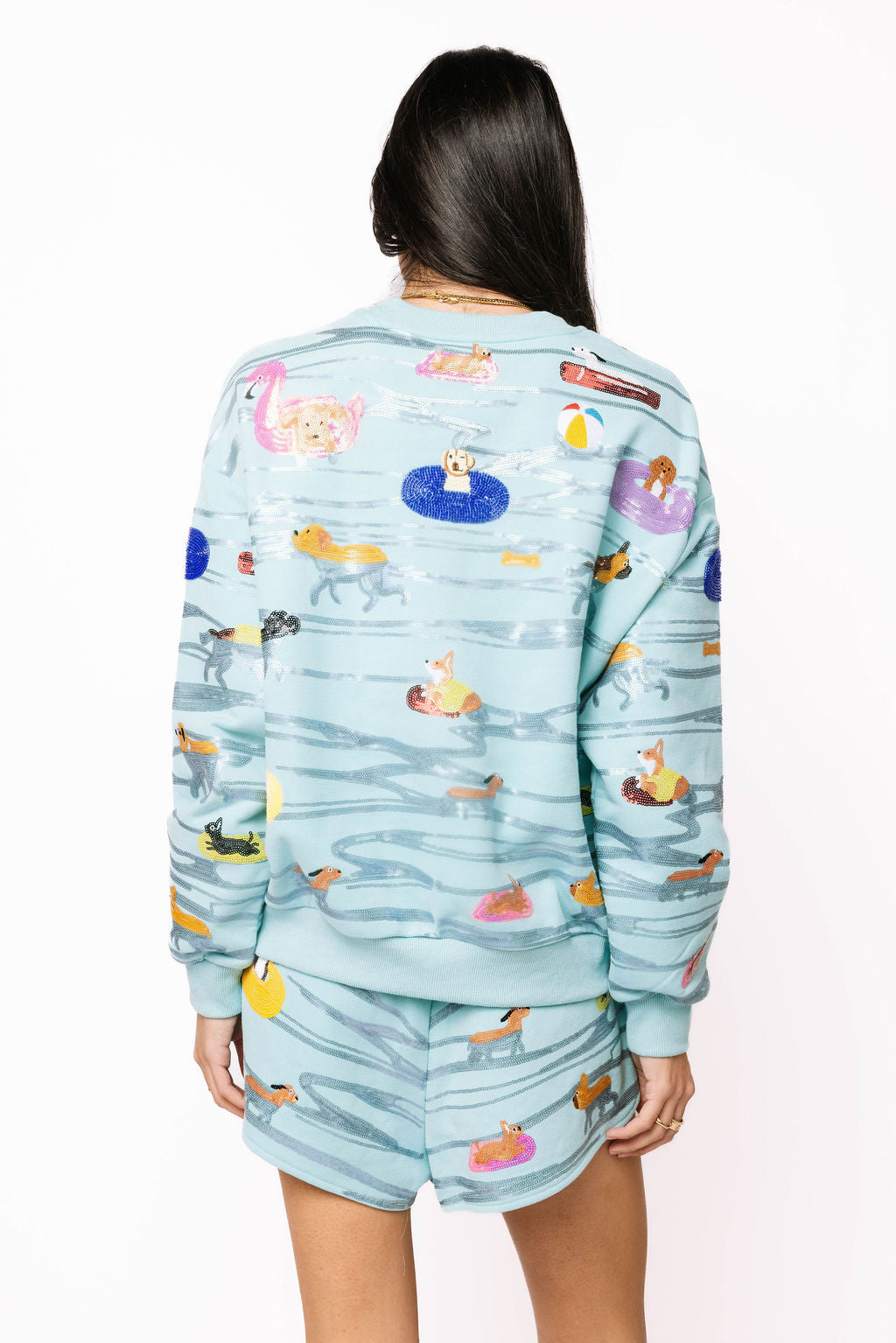 QUEEN OF SPARKLES Blue Dogs Swimming on Floats Shorts