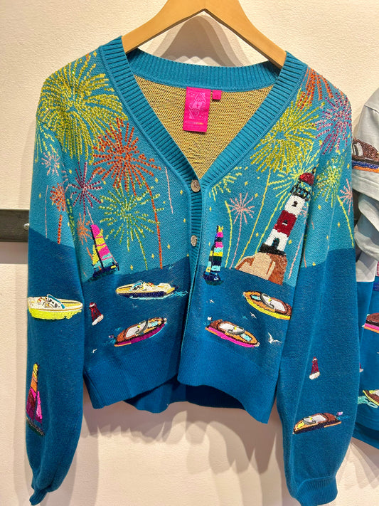 QUEEN OF SPARKLES Multi Firework Over Boat Knit Cardigan
