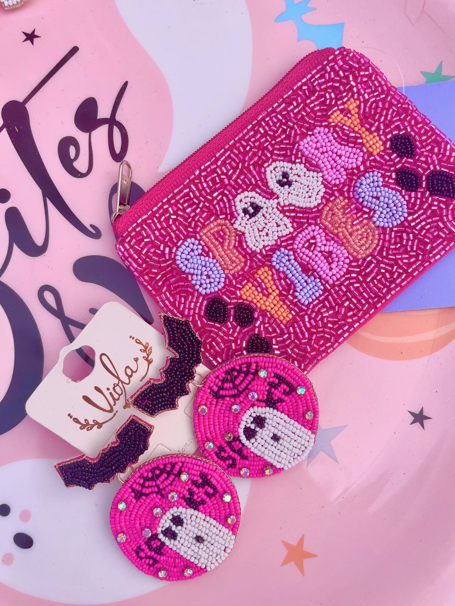 Spooky Vibes - Halloween Pink Beaded Pouch