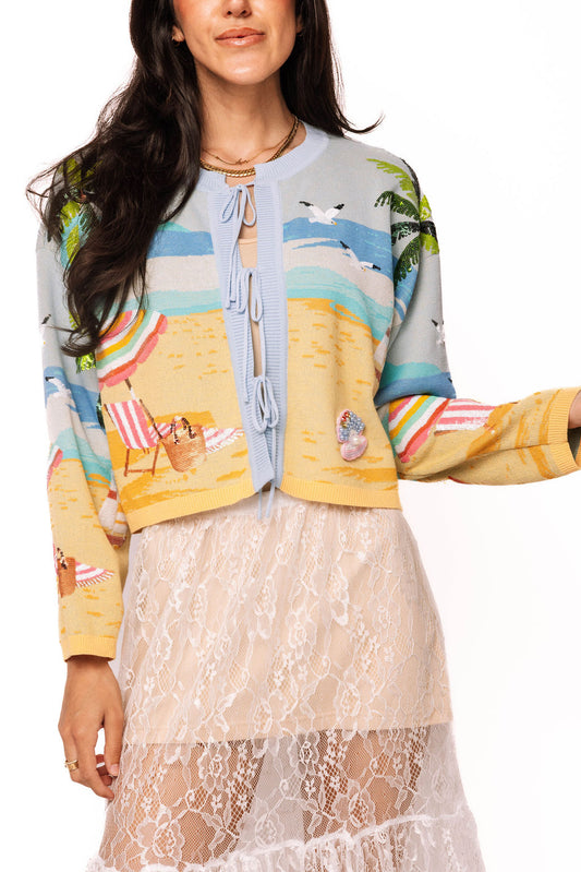 QUEEN OF SPARKLES Multi Beach Scene Tie Up Sweater