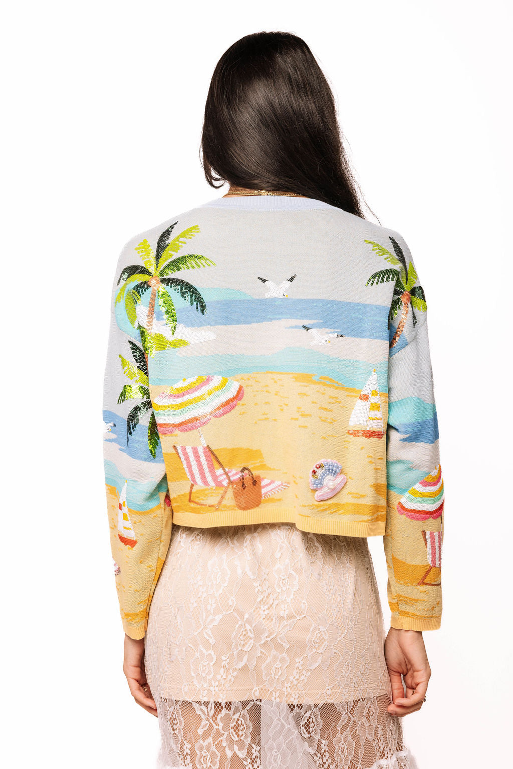 QUEEN OF SPARKLES Multi Beach Scene Tie Up Sweater