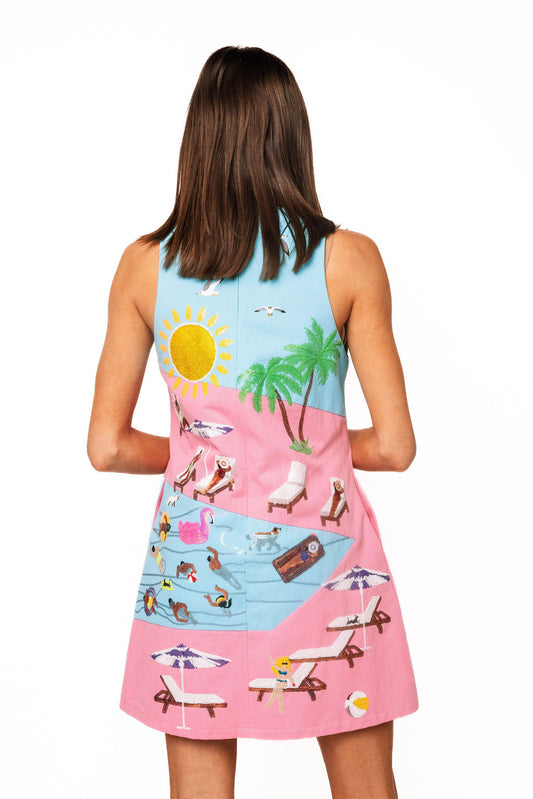 QUEEN OF SPARKLES Blue & Pink Colorblock Pool Scene Tank Dress