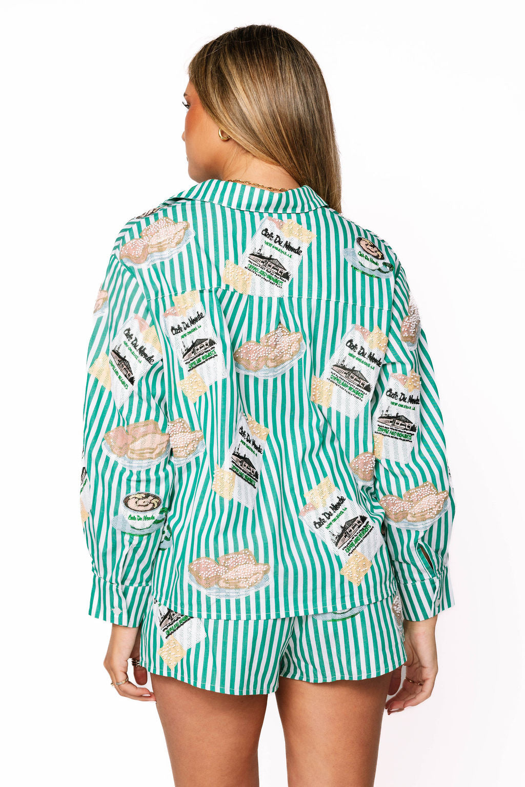 QUEEN OF SPARKLES Green & White Stripe Café Du Monde Icon Button Up SET